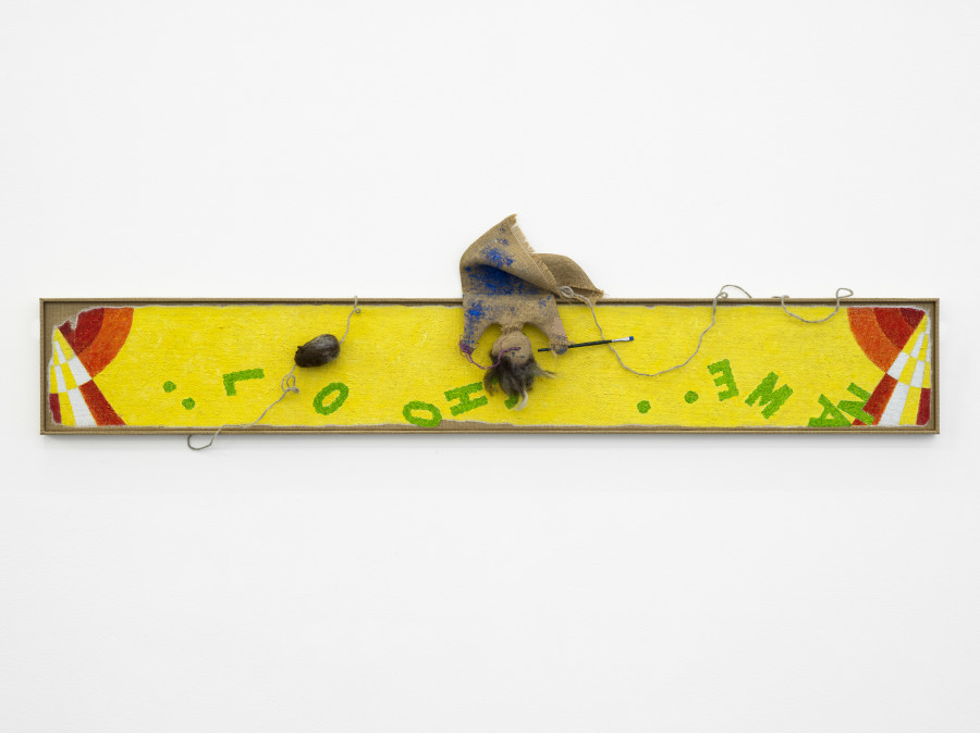 Min Yoon, Break + ing Time (back (proposal)), 2024, Watermixable oil on burlap, thread, polyester, wool felt, wire, hotpatch, magnets, 5 cent coin, brush, artist’s frame, 52 x 177 x 12 cm. Photo: Cedric Mussano