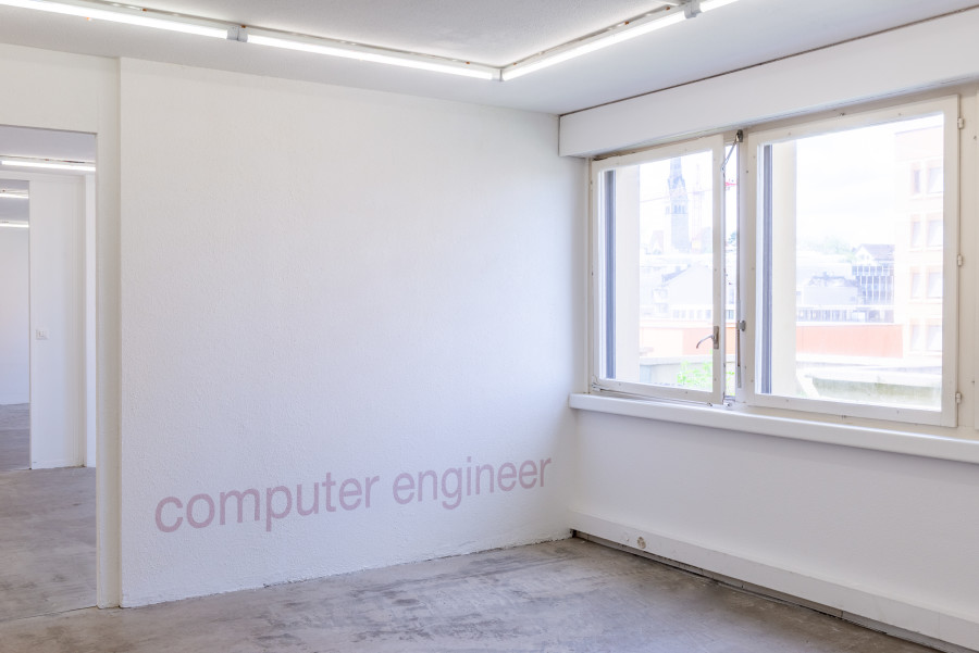 Exhibition view, Moniker, HAMLET, Zürich, 2025. Sam Cottington, Let’s get married, 2025, 1. The exhibiting artists are all asked one question: Growing up, what was your father’s job?, 2. The answers to this question will be painted onto the wall in colours taken from paint used at New York construction sites, where the artist is producing this work remotely.