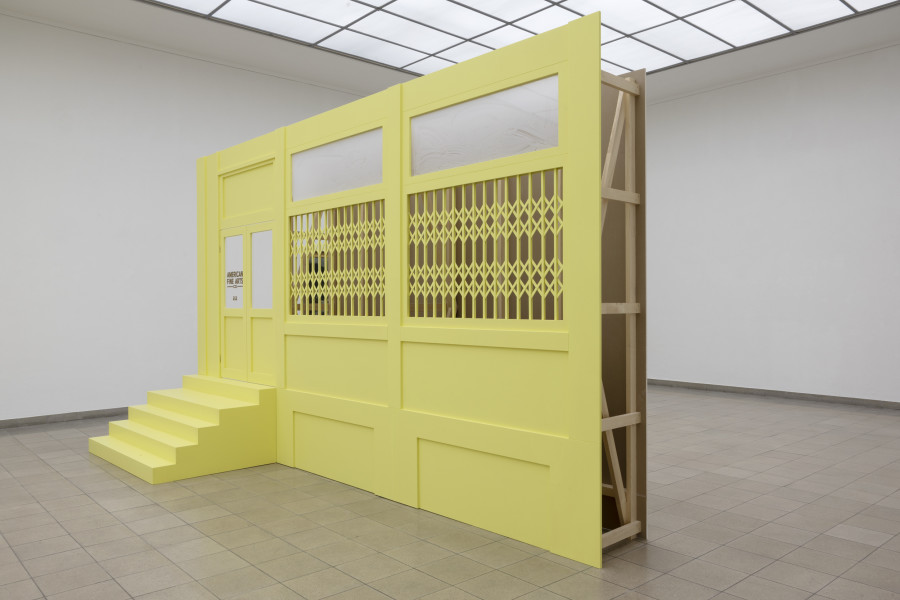 Megan Francis Sullivan, Study of a facade, American Fine Arts at 22 Wooster Street, New York, circa 2002, 2024. Wood, plexiglass, drywall, window decal, approx. 500 x 170 x 290 cm. Megan Francis Sullivan, Wolkenstudie, installation view, Kunsthaus Glarus, 2024. Photo: Gina Folly. Courtesy of the artist.