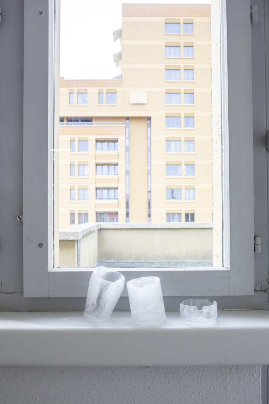 Exhibition view, Memory Mold, HAMLET, 2024. Amélie Bodenmann, (Last night, or the night before), 2024, ice. Photo by Leevi Toija