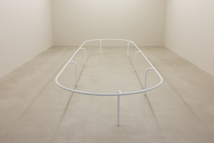 Roman Selim Khereddine, Racing Running Rail, 2026, Powder-coated steel tube rail (six parts), grub screws, plastic stoppers, 593 x 163 x 50 cm, approx. 14 running metres. Photography: Gina Folly. Copyright and courtesy of the artist and For, Basel