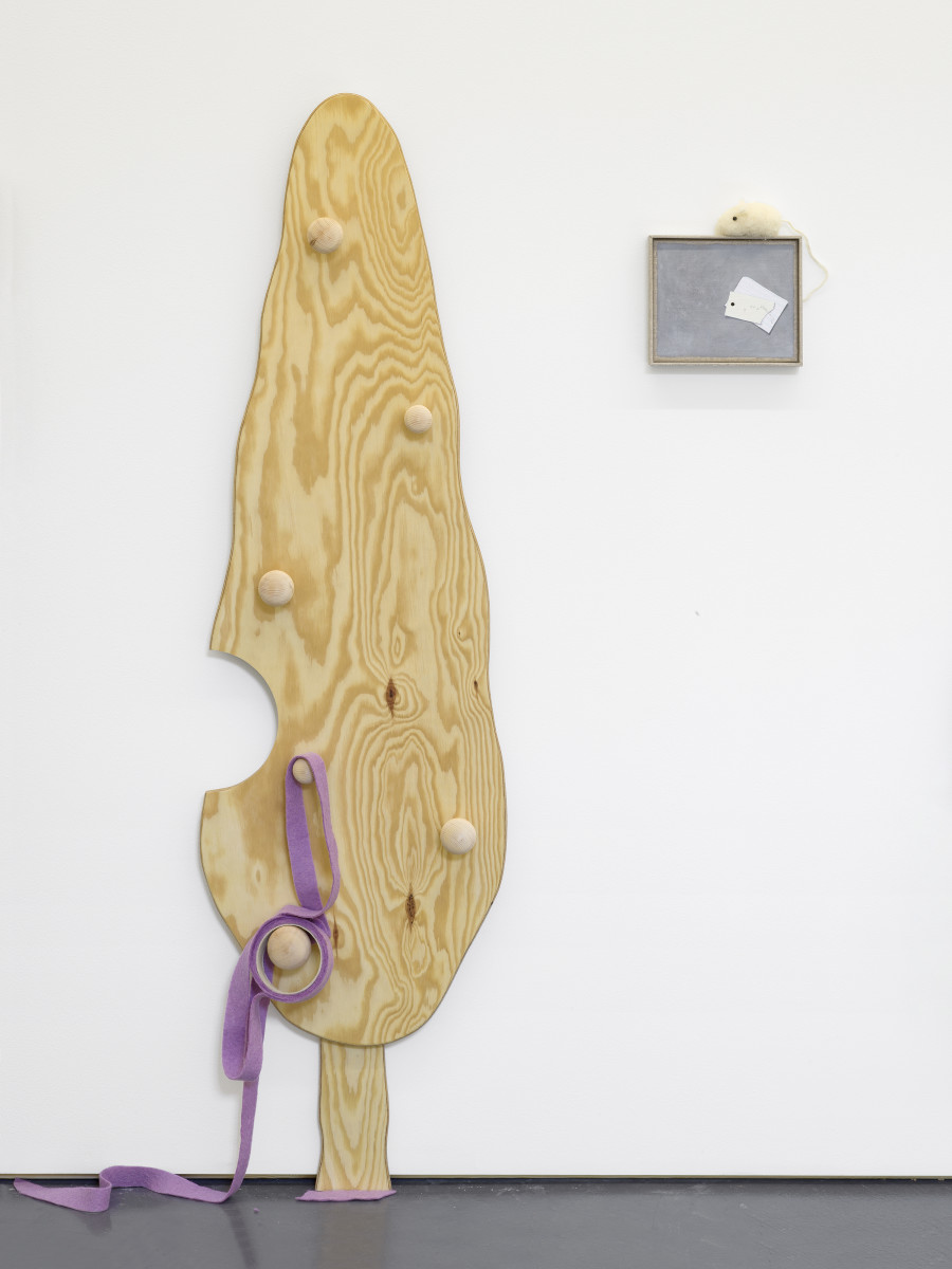 Min Yoon, A, G + ing: Lilac Position, 2024, 2 parts: Plywood, wooden handles, wool felt; Oil on canvas, wool felt, artist’s frame, 137 x 38 x 7.5 cm; 16 x 19 x 2.5 cm. Photo: Cedric Mussano