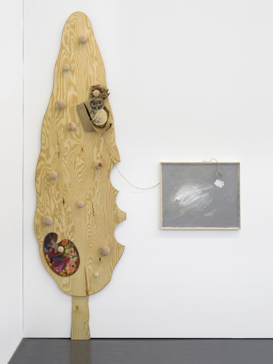 Min Yoon, A, G + ing: Letter + ing, 2024, 2 parts: Plywood, wooden handles, palette, charcoal on paper, feather; Oil on canvas, wool felt, thread, artist’s frame, 250 x 70 x 8.5 cm; 51.5 x 61.5 x 3 cm. Photo: Cedric Mussano