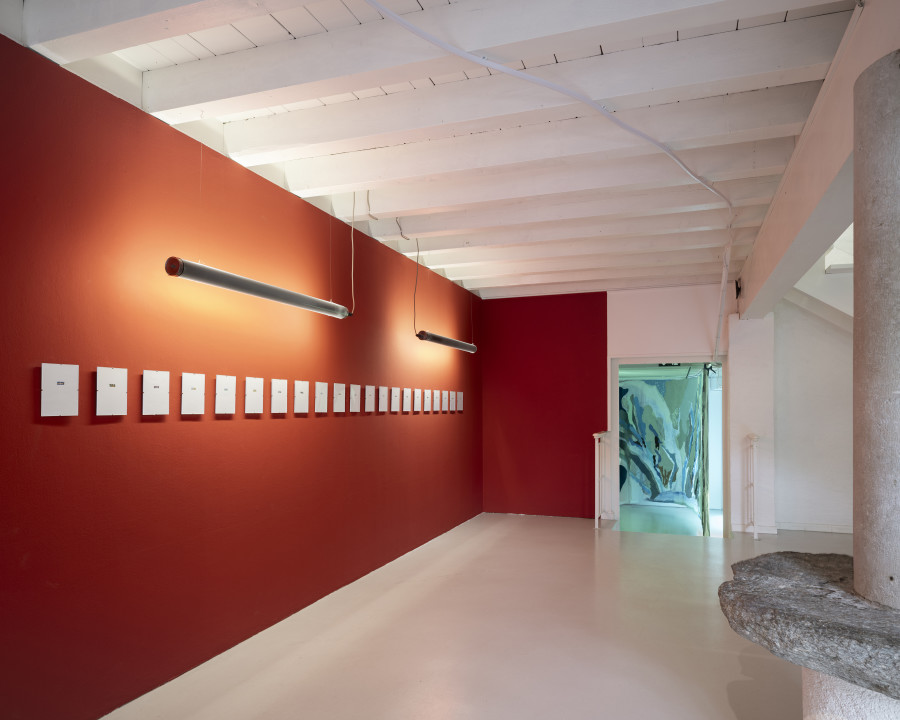 Jessica Decorvet, Paysage impossible, Exhibition view, 2026, Ferme de la Chapelle. © Photo by Dylan Perrenoud. Je savais qu’il y avait un problème avec la majesté, 2025, coloured pencils on paper. Paysage impossible, 2026, fabrics glued onto printed spinnaker cloth.