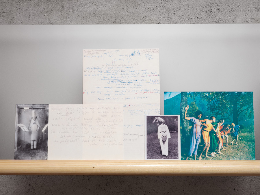 Exhibition view “Suzanne Perrottet. After Dada, After Dance,” Cabaret Voltaire 2025; ballet-barre presentation with facsimiles from Kunsthaus Zürich, the SAPA Foundation, and the Archivio di Stato Bellinzona (Estate Harald Szeemann); presentation with originals from the Perrottet family estate. Photo: Cedric Mussano. Courtesy: Suzanne Perrottet, Walter Schwabe / Fotostiftung Schweiz, Luise Schwabe / ProLitteris, Niklaus Stauss, Johann Adam Meisenbach, Tarren Johnson & Joel Cocks, Elaine Mitchener, New Kyd, Thibault Lac.