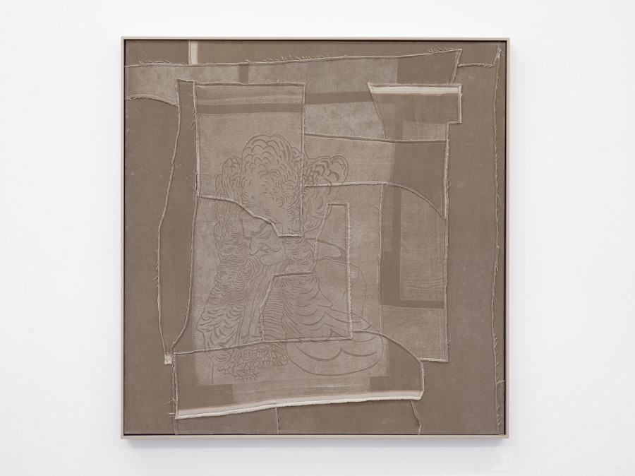 Cédric Eisenring, Puder (beige), Woodcut embossing on textile, wooden stretcher, wooden frame, 88 × 91 cm, 2024 / Photo: Cedric Mussano / Courtesy: The artist and Kirchgasse Gallery, Steckborn