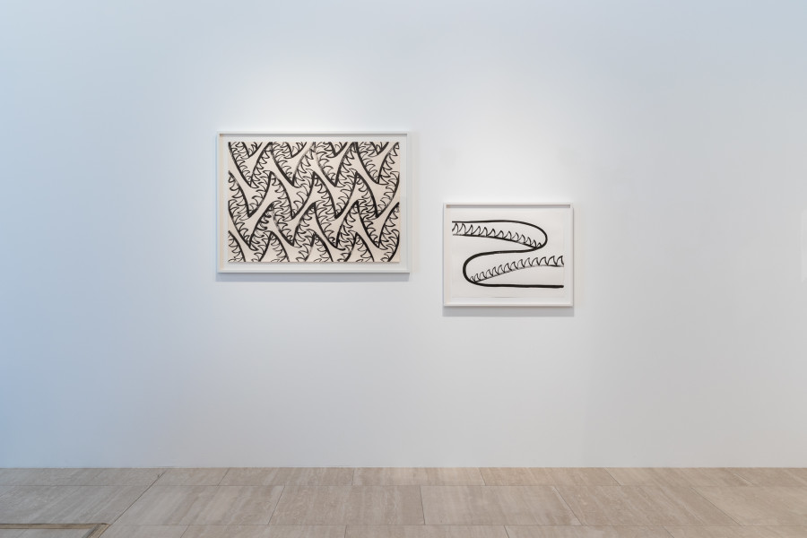 Left: Sam Porritt, Springing Traps, 2021, Brush and Ink on Paper, 70x 100.  Right: Sam Porritt, Lying in Weight, 2019,Brush and Ink on Paper, 50 x 65 cm.