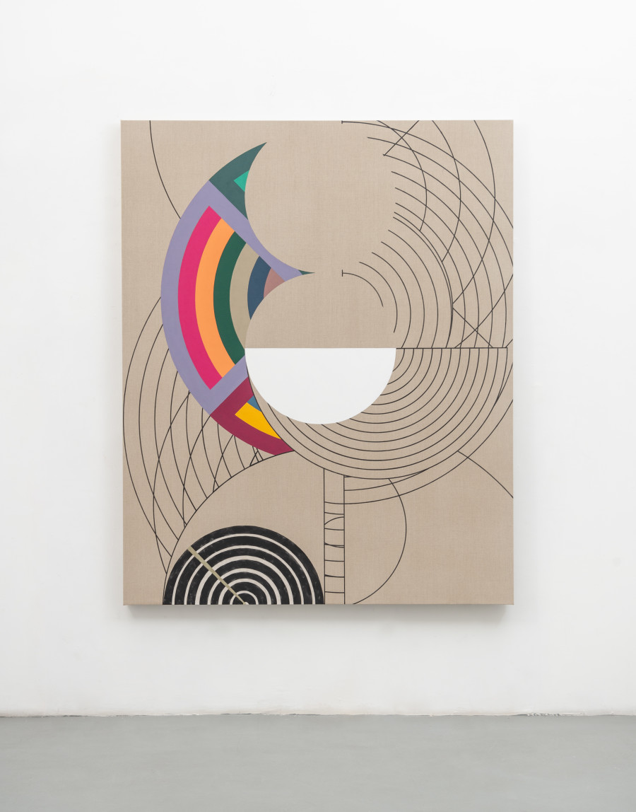 Jose Dávila, The fact of constantly returning to the same point or situation, 2022, Silkscreen print and vinyl paint on loomstate linen, 210 x 170 x 6 cm. Photo: Agustín Arce