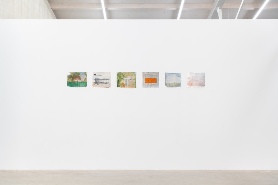 Tamara Al-Samerraei, Green House, 2025; Fence, 2025; Totem 3, 2025; Orange Tile, 2025; Cocoon, 2025; Hill, 2025, Courtesy of the artist and Marfa’ Projects, Beirut. Installation view Kunsthaus Baselland 2026. © Kunsthaus Baselland. Photo: Finn Curry / Kunsthaus Baselland