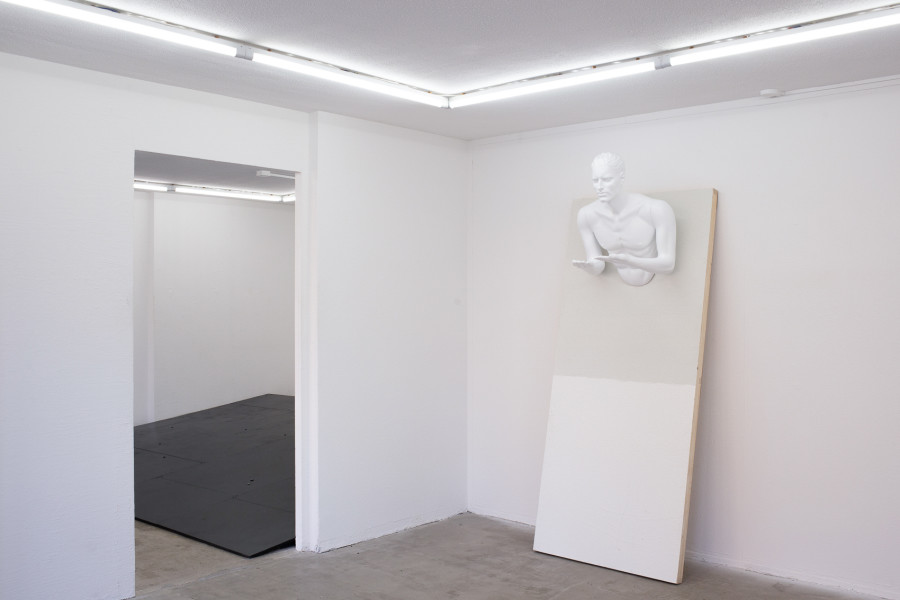 Exhibition view, Pirouettenschwindel, HAMLET. From left to right: Skjold Rambow, Trapdoor, 2024, Performance and Installation ; Karolin Braegger, Bringt nix, 2024, Acrylic on mannequin and board, Dimensions variable. Photo credit: Leevi Toija