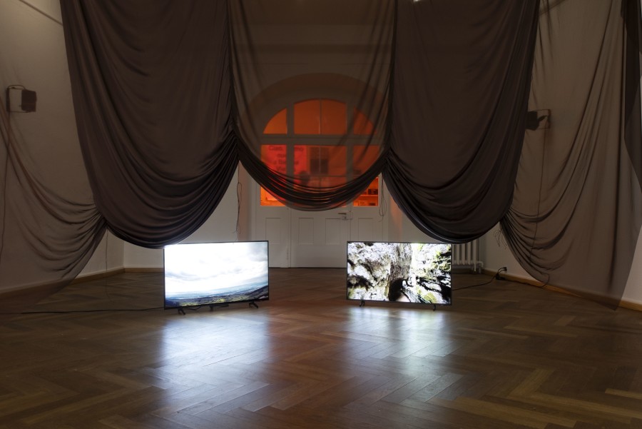 Lara Dâmaso, to the unborn: catharsis, 2022. 3-video installation with silk curtain and satin ribbons. With the collaboration of Blanca Bianchi. Credit photo: © James Bantone