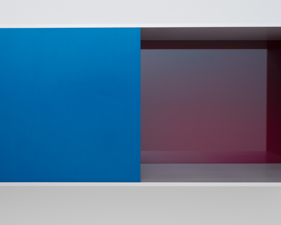 Donald Judd, Untitled, 1991, detail, Clear and turquoise anodized aluminum with blue over red plexiglass, 9 7/8 x 39 3/8 x 9 7/8 inches (25 x 100 x 25 cm). © Judd Foundation/Artists Rights Society (ARS), New York. Photo: Maris Hutchinson. Courtesy Gagosian