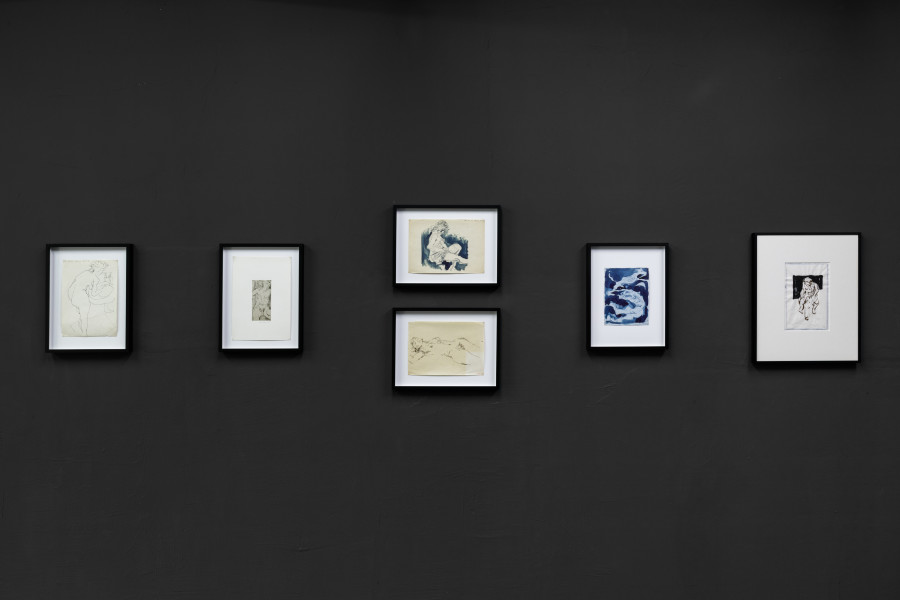 From left to right: John Berger, A. washing stockings, 1956, ink on paper, 21 x 29.7 cm  John Berger, JB’s naked selfportrait, 1950, etching print, 22.5 x 32.5 cm  (top) John Berger, A. fastening stocking, 1956, ink on paper, 21 x 29.7 cm   (bottom) John Berger, Femme nue allongée, n.d., ink on paper, 21 x 29.5 cm  John Berger, O loose the dogs of love, 1961, ink on paper, 17.5 x 22.5 cm  John Berger, Biker with black backdrop, 1998, ink on paper, 26.5 x 18 cm Photo: Kilian Bannwart