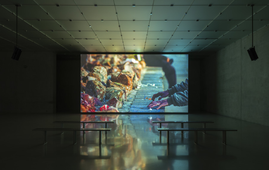 Cyprien Gaillard, When you expect flutes, it’s whistles, Exhibition view third floor Kunsthaus Bregenz, 2026, DETERRENT, 2026. Photo: Timo Ohler. © Cyprien Gaillard, Kunsthaus Bregenz. Courtesy of the artist, Kunsthaus Bregenz, Fondazione Prada
