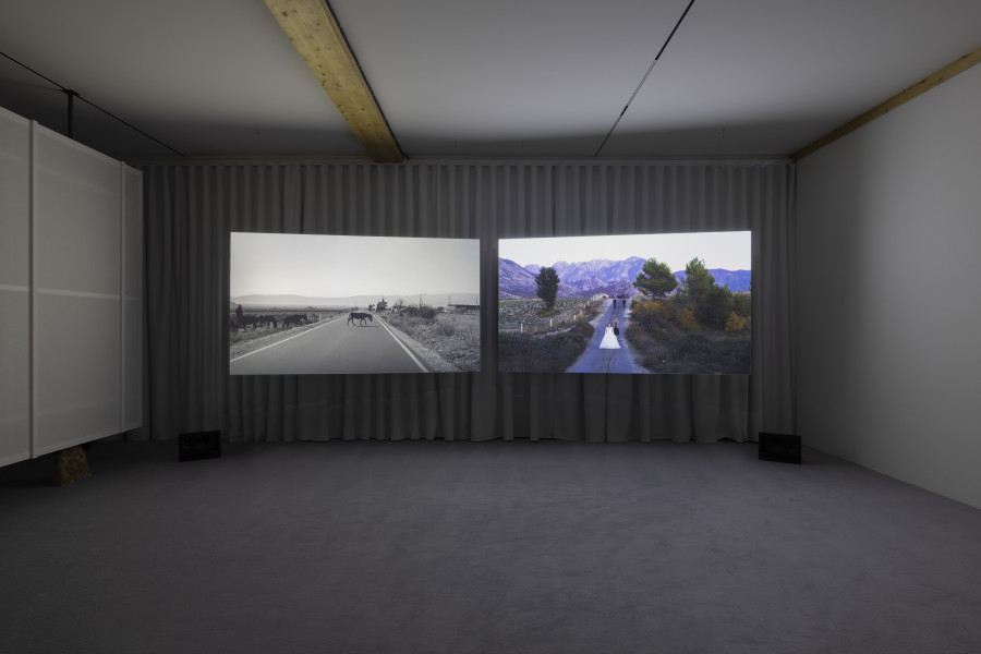 Adrian Paci, The Wanderers, 2021. Installation view of “Lantern With No Walls”, Fondazione In Between Art Film at Tarmak 22, Gstaad, 2024. Courtesy of the artist; kaufmann repetto, Milan/New York; Peter Kilchmann Gallery, Zurich; and Fondazione In Between Art Film. Photo: Andrea Rossetti