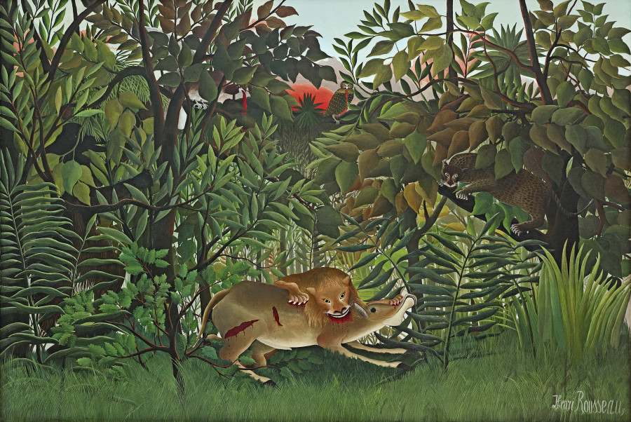 HENRI ROUSSEAU, THE HUNGRY LION ATTACKING AN ANTELOPE, 1898/1905 Oil on canvas, 200.0 x 301.0 cm Fondation Beyeler, Riehen/Basel, Beyeler Collection Photo: Robert Bayer