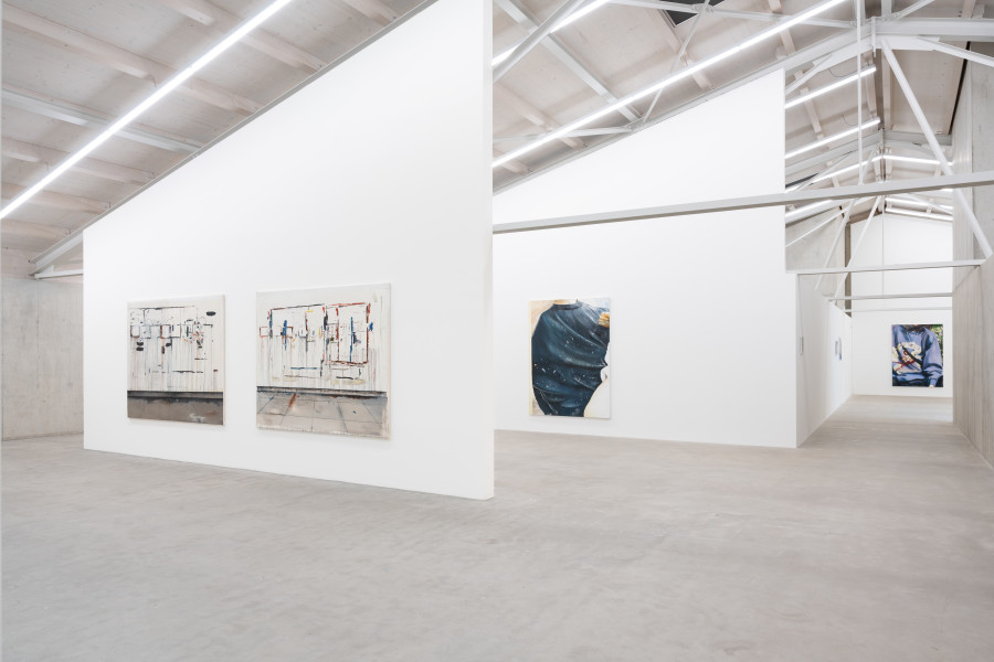 Tamara Al-Samerraei, Studio 1, 2023; Studio 3, 2023. Mireille Blanc, Astérisme, 2018. Courtesy of the artist and THE PILL ®. Mireille Blanc, Mountain, 2022. Courtesy of the artist and Galerie Anne-Sarah Bénichou. Installation view Kunsthaus Baselland 2026. © 2026, ProLitteris, Zurich. Photo: Finn Curry / Kunsthaus Baselland