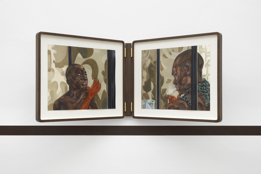 Toyin Ojih Odutola, When Past Meets Future, Will They Speak the Same Language? (Who Are You? / Mother?), 2023, installation view, in: Toyin Ojih Odutola, Ilé Oriaku, Kunsthalle Basel, 2024, photo: Philipp Hänger / Kunsthalle Basel. Courtesy of the artist and Jack Shainman Gallery, New York