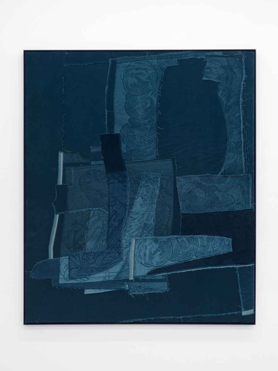 Cédric Eisenring, Puder (blau), Woodcut embossing on textile, wooden stretcher, wooden frame, 130 × 110 cm, 2024 / Photo: Cedric Mussano / Courtesy: The artist and Kirchgasse Gallery, Steckborn