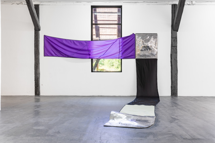 Gil Pellaton, Sentences Unfold Part 1, 2023, polished cast aluminum, tent fabric, shower curtain fabric and other fabric, zippers, mechanical pencil tip, 0.7 mm leads, dimensions variable. Photo: Kilian Bannwart