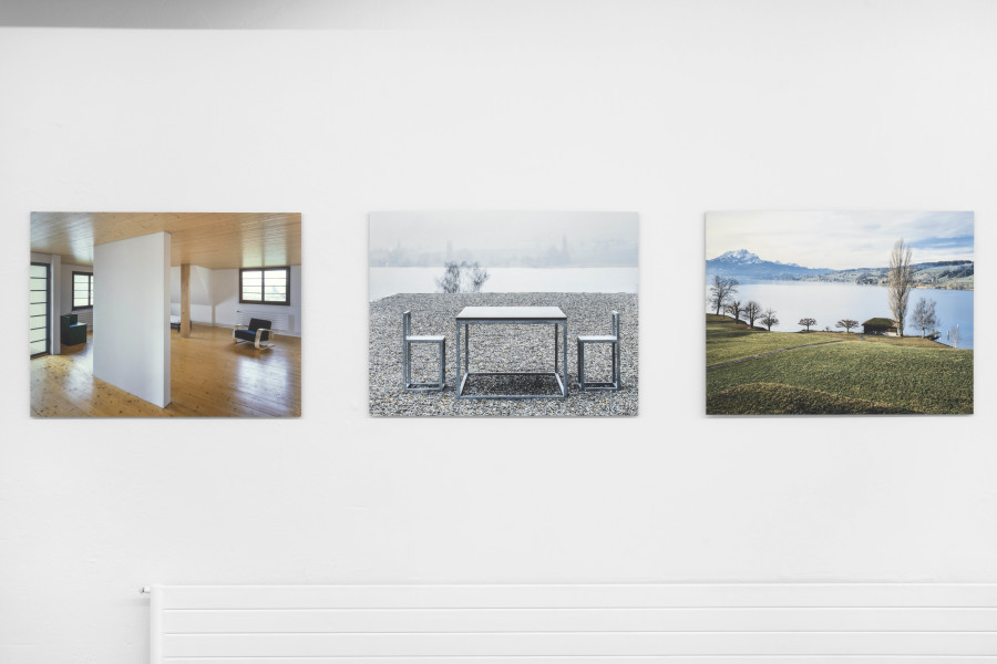 Exhibition view, The House That Judd Built, An exhibition about «Eichholteren», a former inn on Lake Lucerne, reconstructed by Donald Judd and photographed by Franziska and Bruno Mancia. Photo credits: marytwo