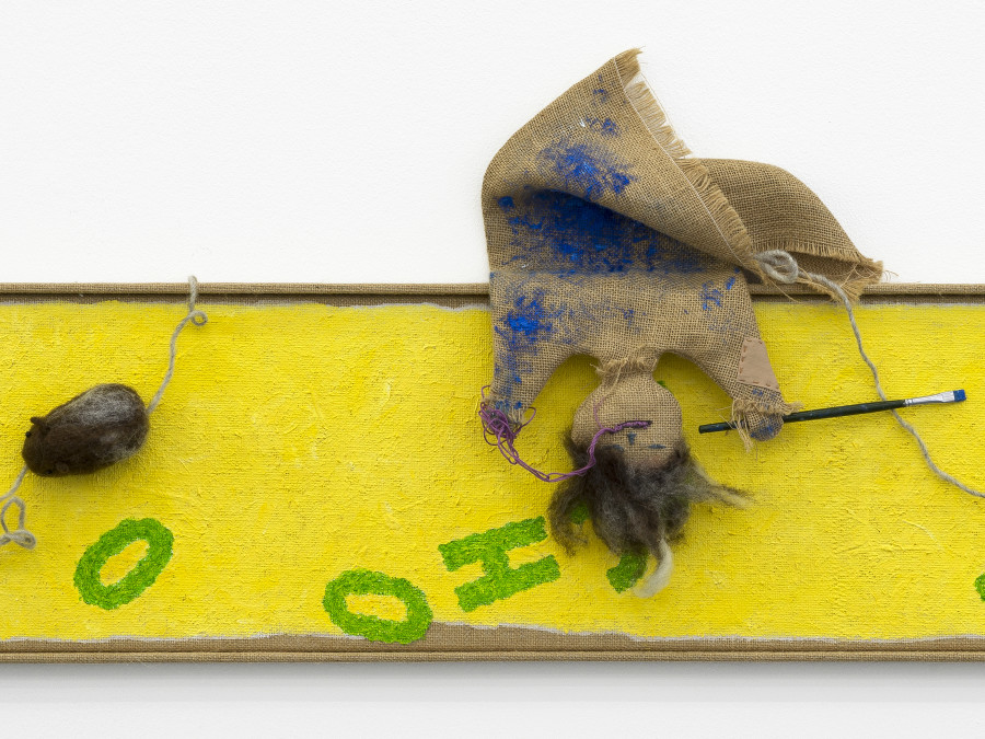 Min Yoon, Break + ing Time (back (proposal)) (detail), 2024, Watermixable oil on burlap, thread, polyester, wool felt, wire, hotpatch, magnets, 5 cent coin, brush, artist’s frame, 52 x 177 x 12 cm. Photo: Cedric Mussano