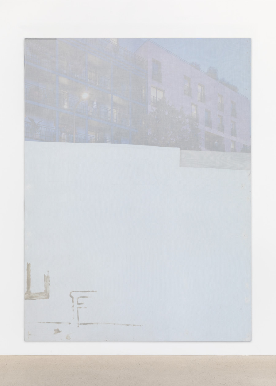 Gilles Jacot, it’s always summer and the sky is blue, 2025, alu dibond advertising boad, fabric, industrial paint, 200 x 150 x 0.5cm