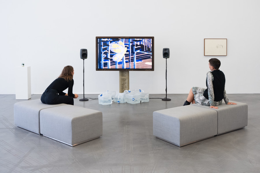 Exhibition view Interdependencies: Perspectives on Care and Resilience, Rory Pilgrim, RAFTS, 2022-2023,Single-channel video (color, sound, HD) on monitor, wooden frame, hawser, container. Courtesy the artist and adriesse-eyck gallery, Rory Pilgrim, In the Long Grass, 2021, Pencil, crayon and nail polish on paper, Collection Teylers Museum, Haarlem. Mark Jones, Stuck in Time Tree, 2023, Glass jar, copper wire, artificial moss. Courtesy the artist and Maureen Paley, London. Photo: Studio Stucky