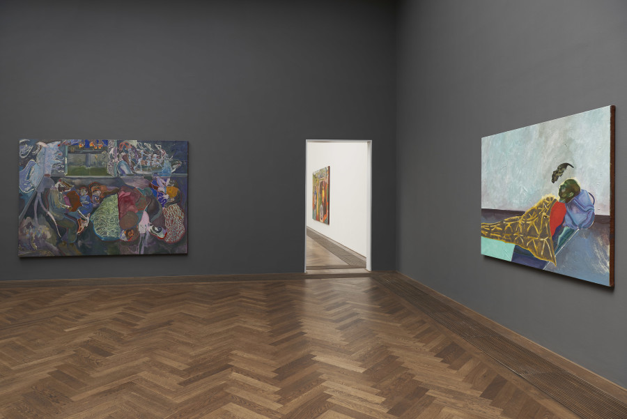 Installation view, Michael Armitage, You, Who Are Still Alive, Kunsthalle Basel, 2022, view (f. l. t. r.) on, Ciru (Kericho January 2008), 2022, and, You, Who Are Still Alive, 2022. Photo: Philipp Hänger / Kunsthalle Basel. All works, unless otherwise mentioned, courtesy of the artist and White Cube. Cave, 2021, Courtesy of the artist and Pinault Collection
