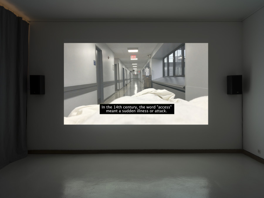 Tourism, Kunsthaus Glarus, 2021, installation view. Jordan Lord, After... After... (Access), 2018, Single-channel video projection (HD, color, sound), 15:52 min, Courtesy the artist. Photo: CE