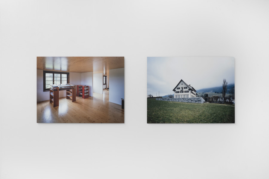 Exhibition view, The House That Judd Built, An exhibition about «Eichholteren», a former inn on Lake Lucerne, reconstructed by Donald Judd and photographed by Franziska and Bruno Mancia. Photo credits: marytwo