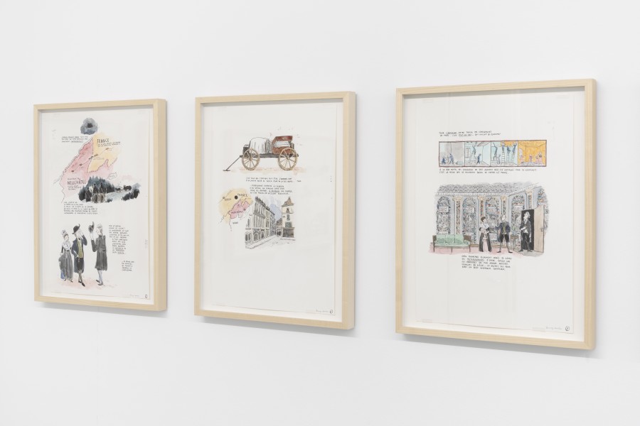 Fanny Vaucher, Dessins originaux n° 1 à 13 de la bande dessinée retraçant l’histoire des chambres tapissées de papier peint de La Bise noire, 2021, Watercolour on paper, 42 × 29.6cm, Courtesy of Fanny Vaucher and the Swiss National Museum. Photo credits: marytwo