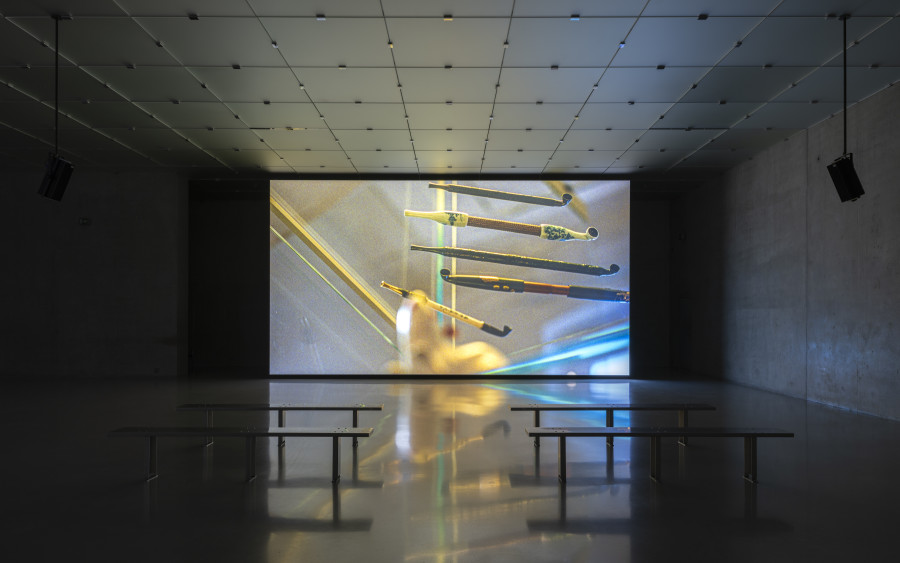 Cyprien Gaillard, When you expect flutes, it’s whistles, Exhibition view third floor Kunsthaus Bregenz, 2026, DETERRENT, 2026. Photo: Timo Ohler. © Cyprien Gaillard, Kunsthaus Bregenz. Courtesy of the artist, Kunsthaus Bregenz, Fondazione Prada