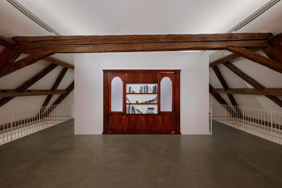 Marius Steiger, Cabinet, 2024, Öl und Acryl auf Leinen / Oil and acrylic on linen, 220 x 280 x 4.5 cm, Kunst Raum Riehen, 2025. Courtesy the artist, Blue Velvet, Zurich. Photo: Gina Folly