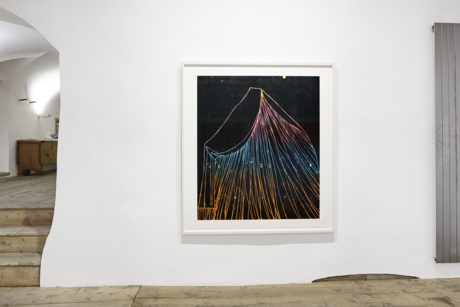Andrea Büttner, , Tent (psychedelic), 2012, Woodcut on paper, 155 x 140 cm / 165.5 x 149 cm (framed). Photo: Ralph Feiner, Courtesy of the artists and Galerie Tschudi
