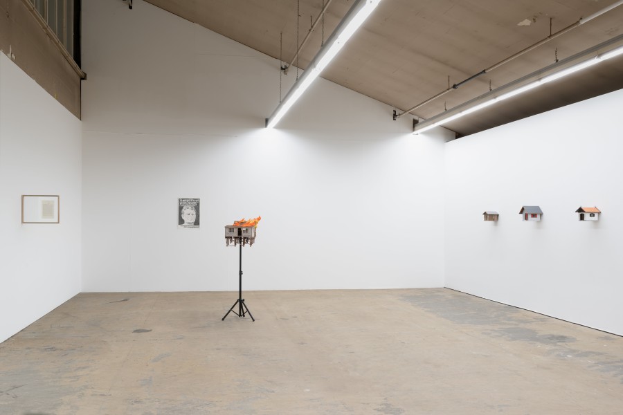 Joan Pallé, Lowry’s letter, 2019; A magnificent place to live, work, or commit suicide, 2018; Komponierhäuschen, 2022. Installation view Kunsthaus Baselland 2022. Photo: Finn Curry
