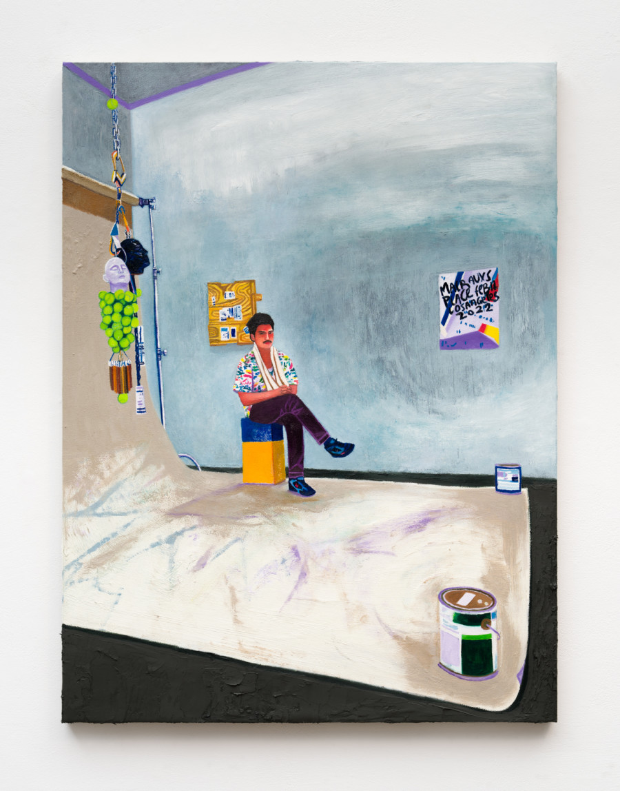 Raffi Kalenderian, Thomas McDonell in his Los Angeles Studio, 2022, Oil on canvas, 122 x 91.5 cm (48 ⅛ x 36 ⅛ in.). Courtesy the artist and Galerie Peter Kilchmann, Zurich. Photo: Fredrik Nilsen Studio, Los Angeles