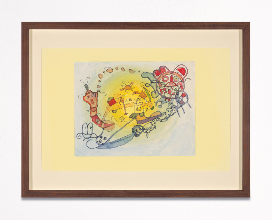 Ross Simonini – Warmth in Yellow, 2021-2022, watercolor and ink on paper, framed, 28 x 43 cm. ©2023 suns.works and the artists. Photography: Flavio Karrer