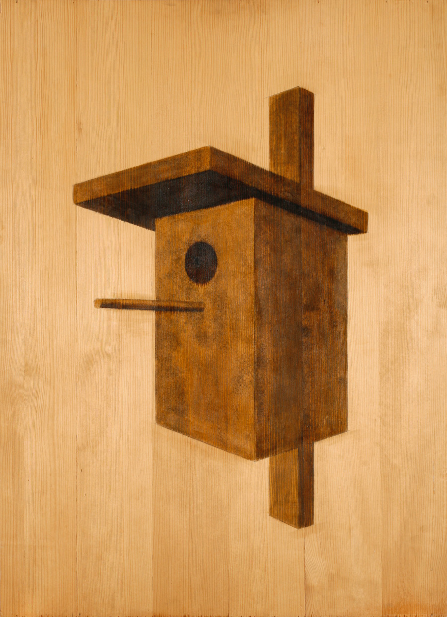 Hugo Suter, Vogelhaus aus Holz, 1973, Holzbeize auf Sperrholz, 110.4 x 80.2 cm, Kunstmuseum Luzern