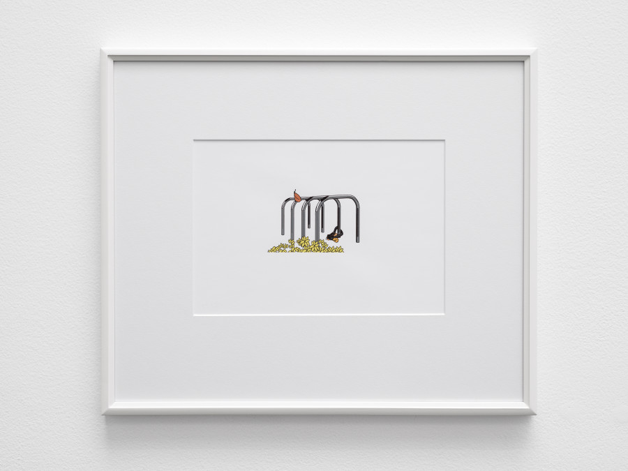 Gili Tal, False Autumn (bike racks, shrub), 2023, Inkjet print on paper in artist’s frame, 42.6 x 50.8 x 3 cm