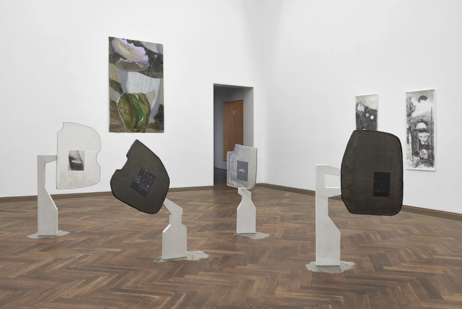 Installation view, Regionale 22, ... von möglichen Welten, Kunsthalle Basel, 2021, view on Anna Maria Balint, Chassis, 2021 (front); Marie Do Linh, In Mooren, 2020 (back, left); Mélusine Brosse, Nymphose 1, 2021, and Nymphose 2, 2021 (back, right). Photo: Philipp Hänger / Kunsthalle Basel