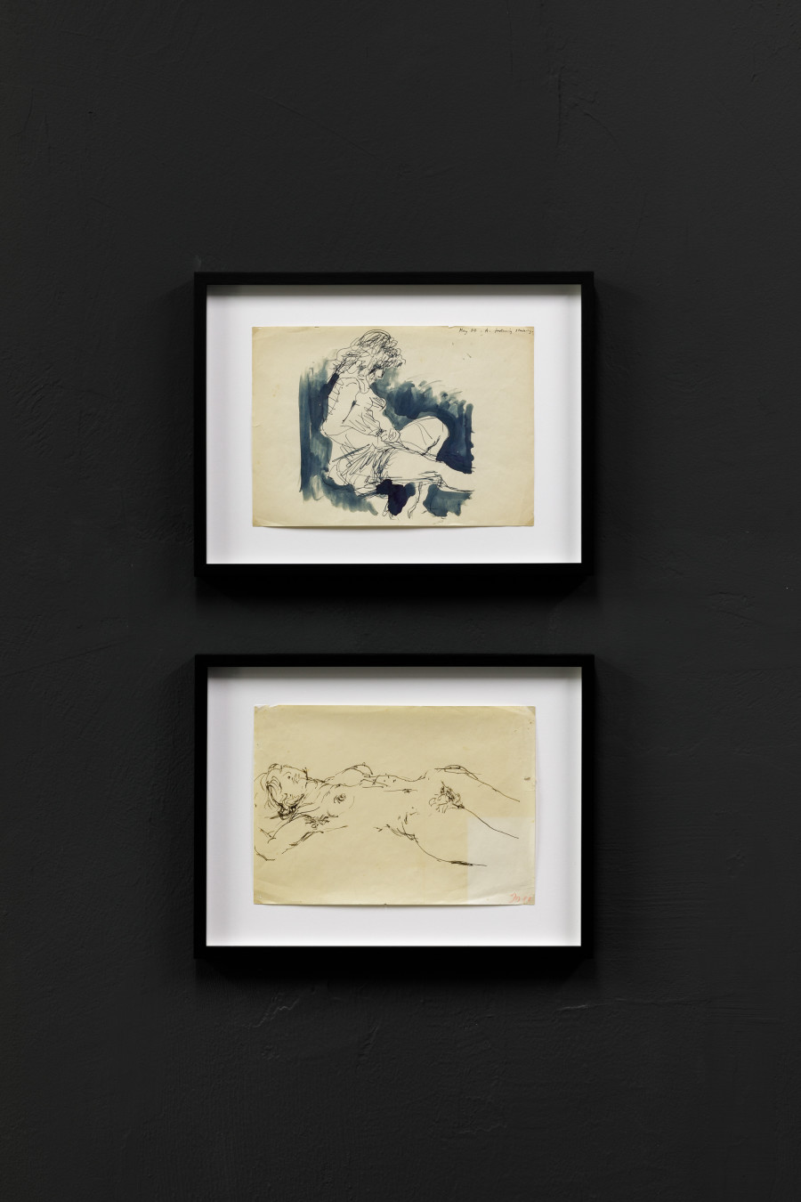 (top) John Berger, A. fastening stocking, 1956, ink on paper, 21 x 29.7 cm (bottom) John Berger, Femme nue allongée, n.d., ink on paper, 21 x 29.5 cm Photo: Kilian Bannwart