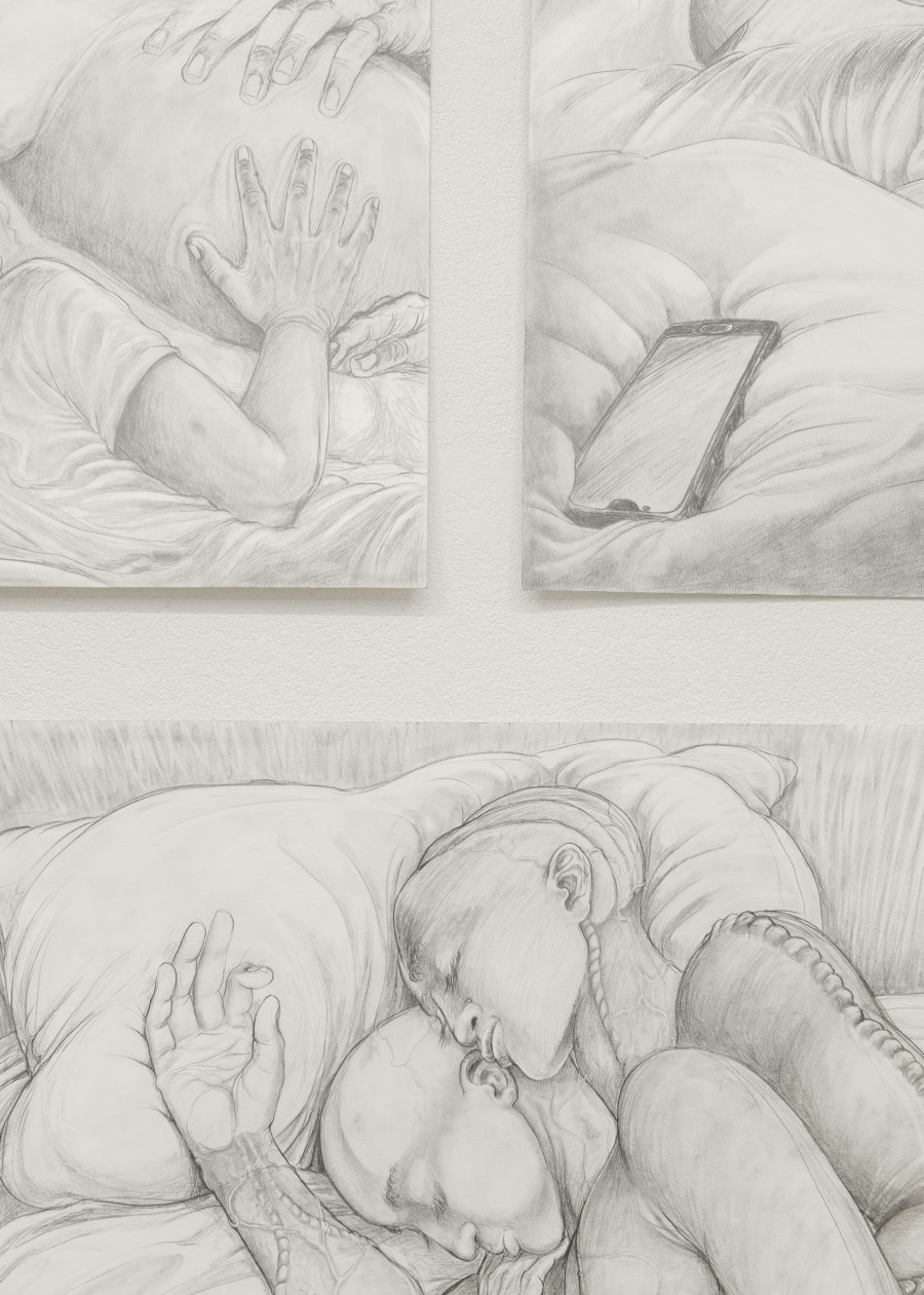 Nygel Panasco, Trois images de ma vie (Maman sacrée, Attente illusion, Repos bref), 2022, criteriums, pencils — Picture © Simon Rimaz