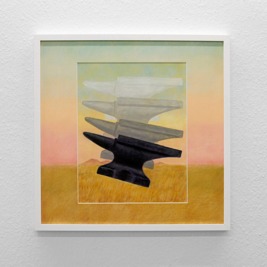 Adam Cruces, Falling Anvil, 2024, Pastel on velour and mat board, 62 x 62 cm. Photo copyright: Flavio Karrer. Courtesy: Adam Cruces and Blue Velvet, Zürich