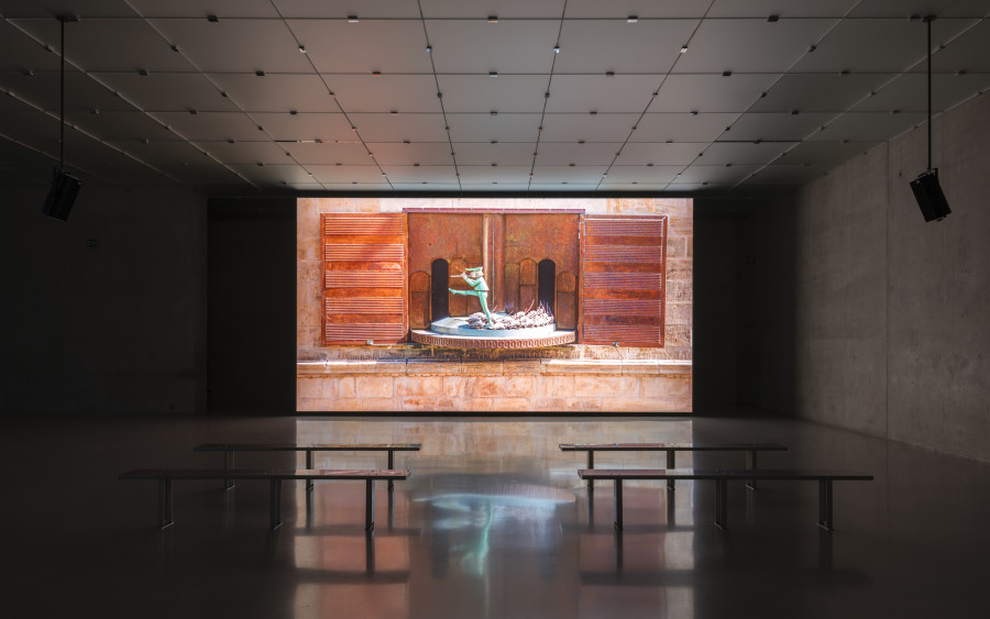 Cyprien Gaillard, When you expect flutes, it’s whistles, Exhibition view third floor Kunsthaus Bregenz, 2026, DETERRENT, 2026. Photo: Timo Ohler. © Cyprien Gaillard, Kunsthaus Bregenz. Courtesy of the artist, Kunsthaus Bregenz, Fondazione Prada