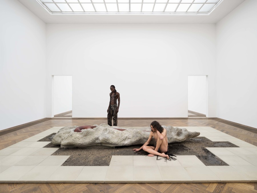Klára Hosnedlová, Untitled (from the series Growth), 2024, installation view (with performers) , in: Klára Hosnedlová, GROWTH, Kunsthalle Basel, 2024, photo: Zdeněk Porcal - Studio Flusser / Kunsthalle Basel