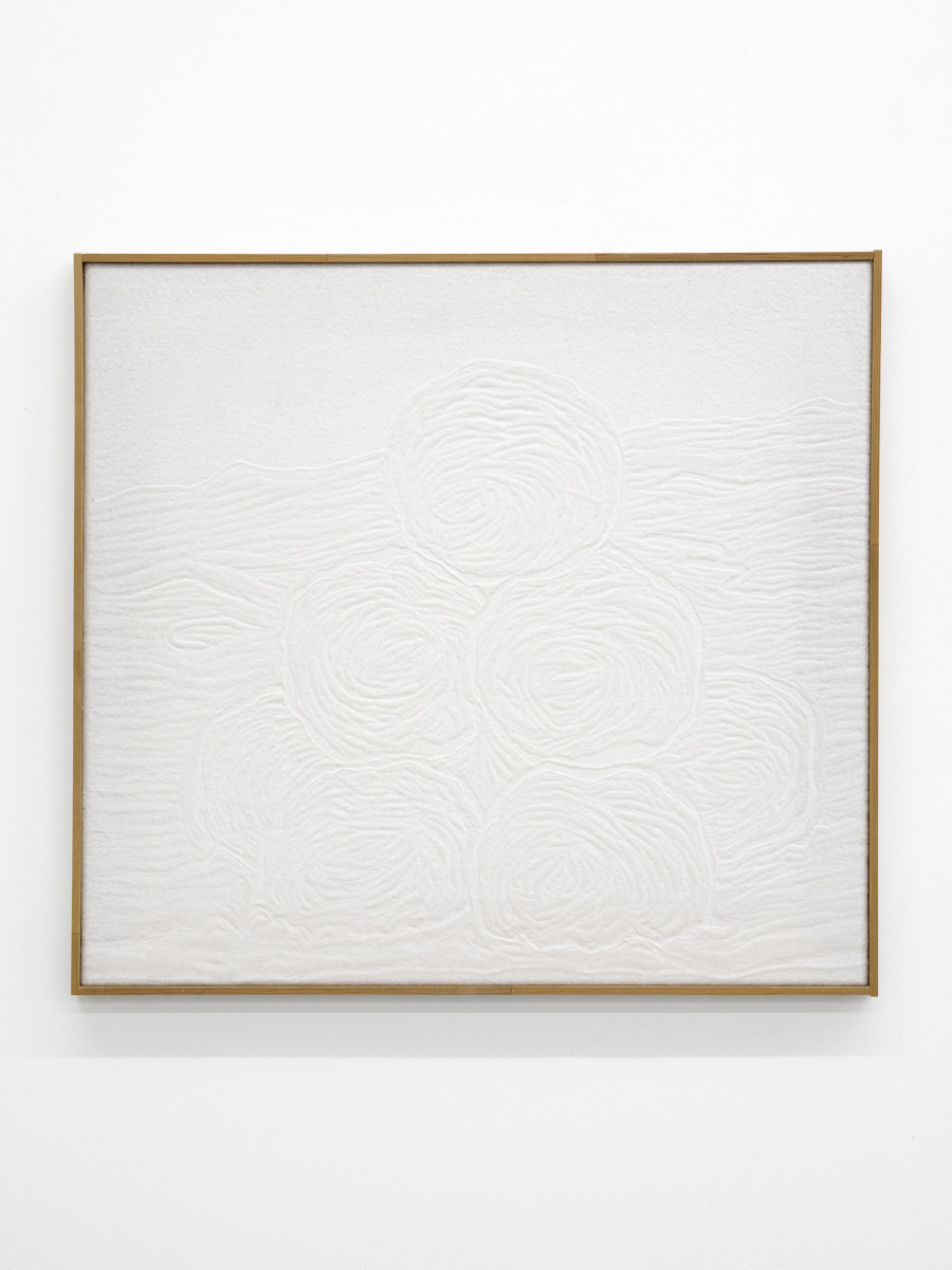 Cédric Eisenring, Fäustling (weiss), Woodcut embossing on textile, wooden stretcher, wooden frame, 40 × 50 cm, 2024 / Photo: Cedric Mussano / Courtesy: The artist and Kirchgasse Gallery, Steckborn