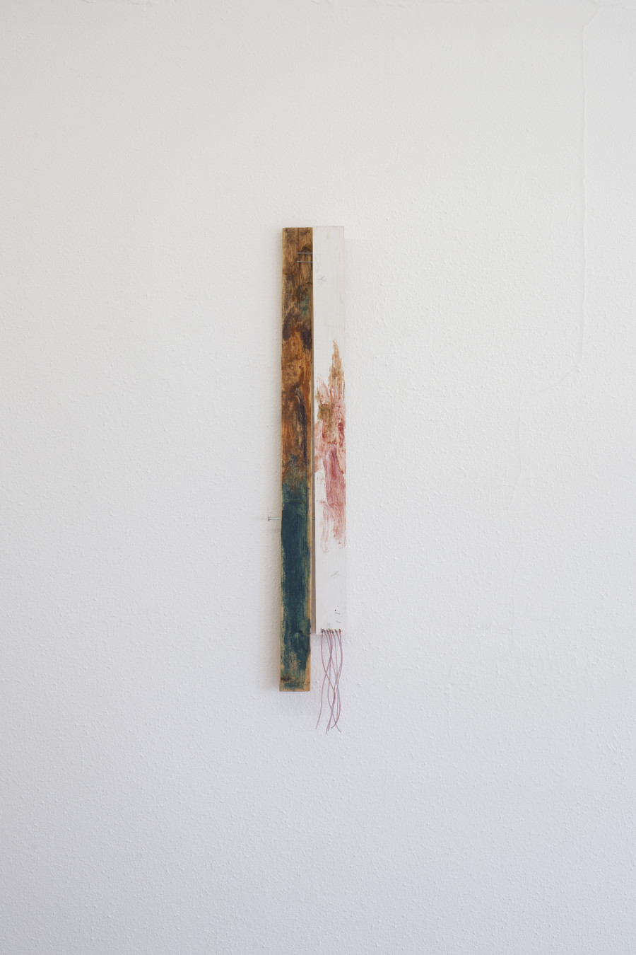 Exhibition view, Memory Mold, HAMLET, 2024. Tamara Vepkhvadze, Untitled, 2024, wood, nailpolish, pigments, silicone tube, screw, nails, varnish. Photo by Leevi Toija