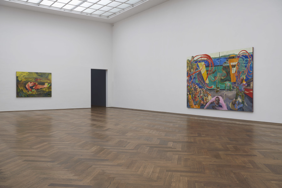 Installation view, Michael Armitage, You, Who Are Still Alive, Kunsthalle Basel, 2022, view (f. l. t. r.) on, Dead Soldiers, 2022, and, Curfew (Likoni March 27, 2020), 2022. Photo: Philipp Hänger / Kunsthalle Basel. All works, unless otherwise mentioned, courtesy of the artist and White Cube. Cave, 2021, Courtesy of the artist and Pinault Collection