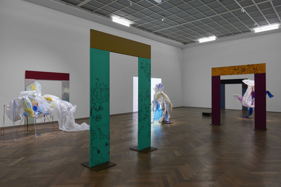Installation view, Bizarre Silks, Private Imaginings and Narrative Facts, etc., an exhibition by Nick Mauss, Kunsthalle Basel, 2020. Photo: Philipp Hänger / Kunsthalle Basel